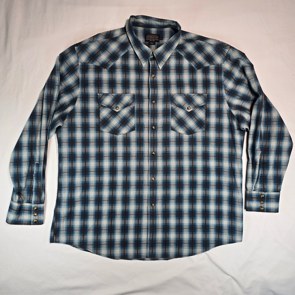 Pendleton High Grade Western Wear Blue Plaid Snap Front Shirt XXL Long Sleeve